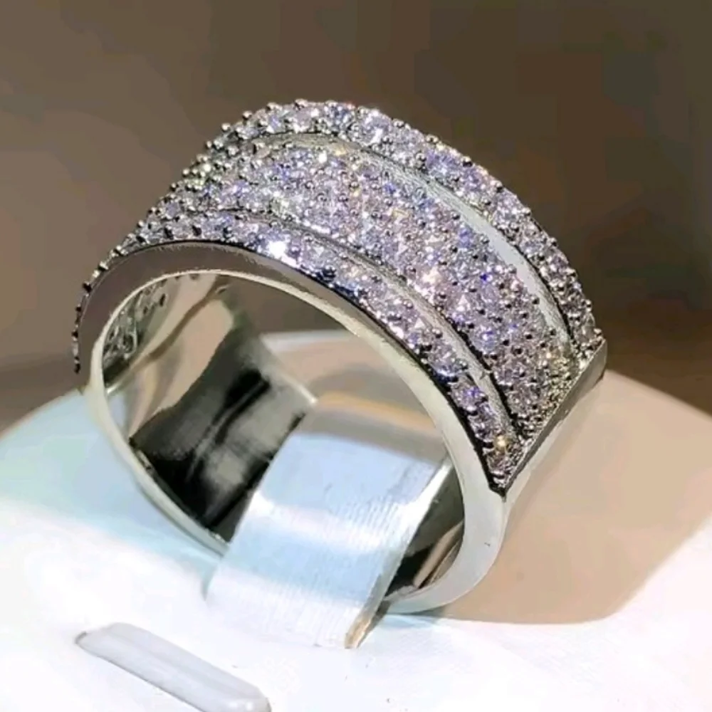 Unisex 925 Sterling Silver Pave Band Ring Sz 10
